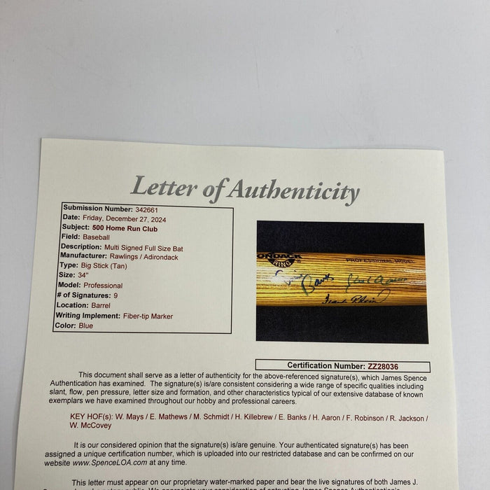 Willie Mays Hank Aaron Ernie Banks 500 Home Run Club Signed Baseball Bat JSA COA