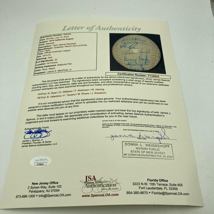 Nolan Ryan 1974 California Angels Team Signed American League Baseball JSA COA