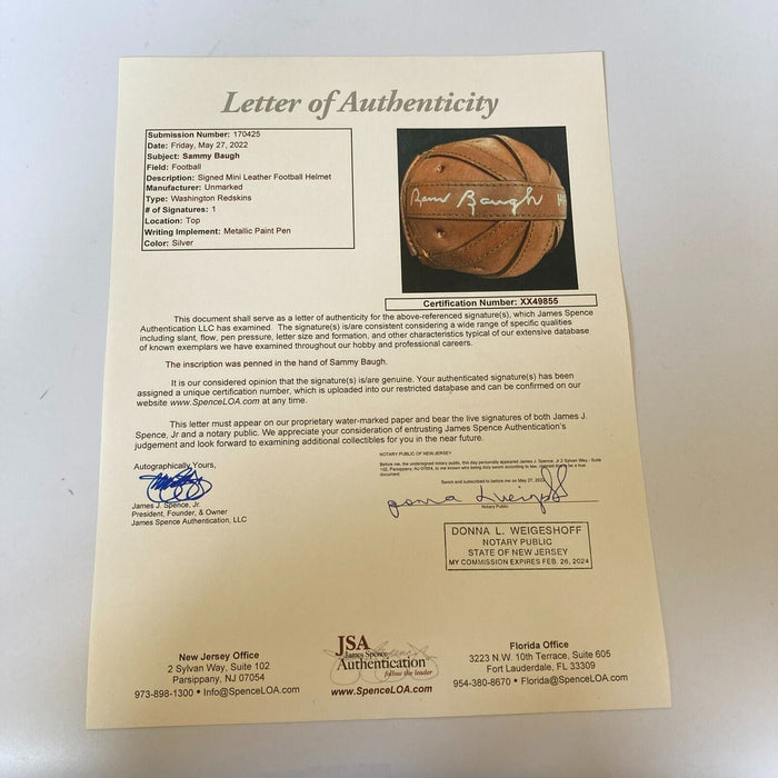 Sammy Baugh Signed Vintage Leather Mini Helmet JSA COA