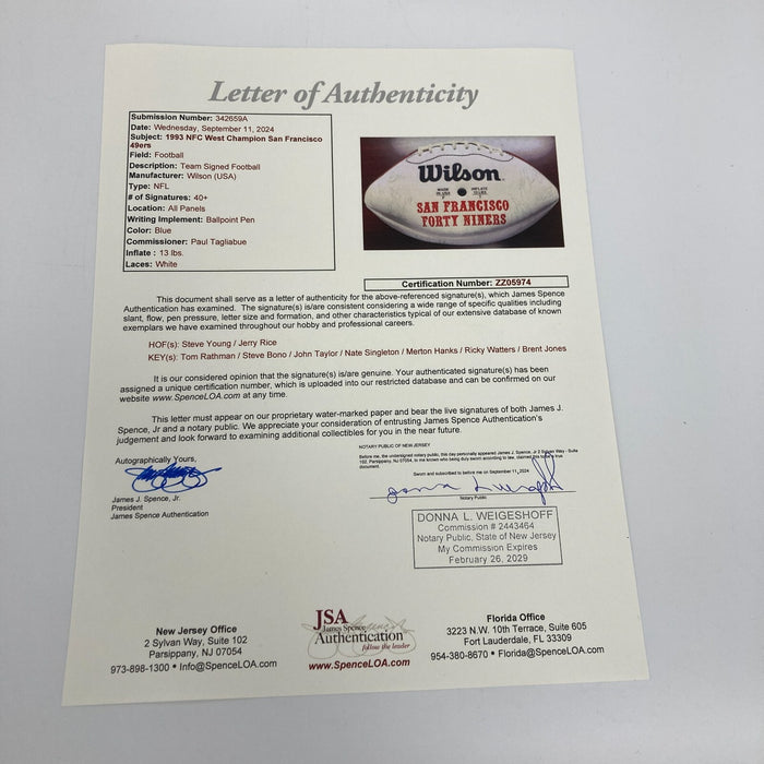 1993 San Francisco 49ers NFC West Champs Team Signed Football Jerry Rice JSA COA