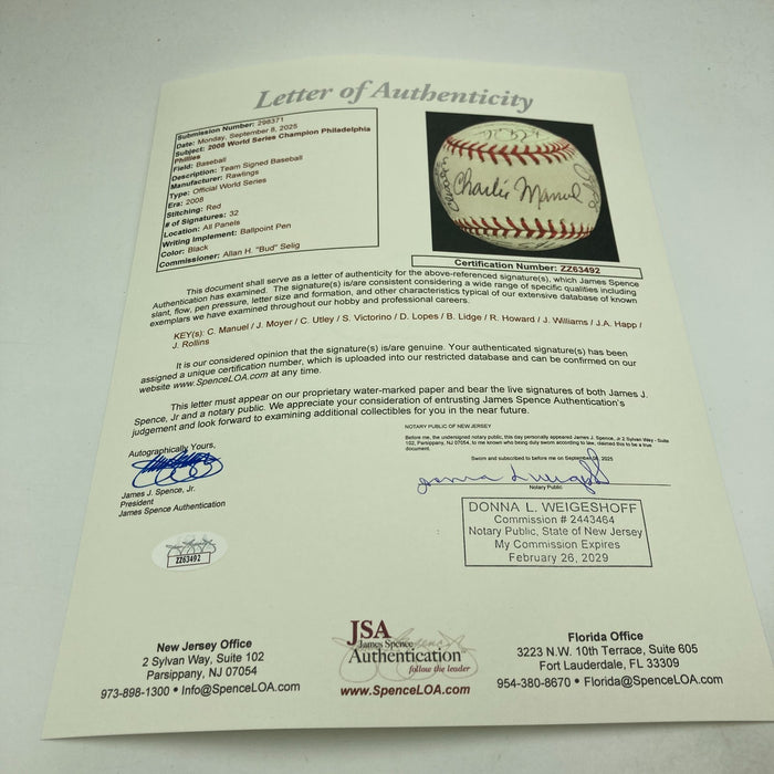 2008 Philadelphia Phillies World Series Champs Team Signed Baseball JSA COA