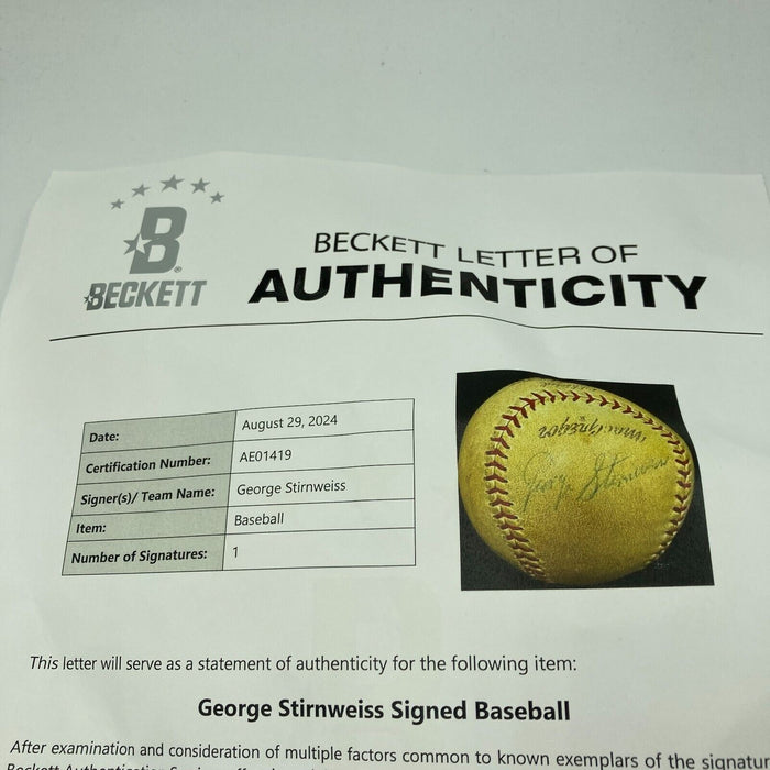Rare George Snuffy Stirnweiss Single Signed Baseball Beckett COA