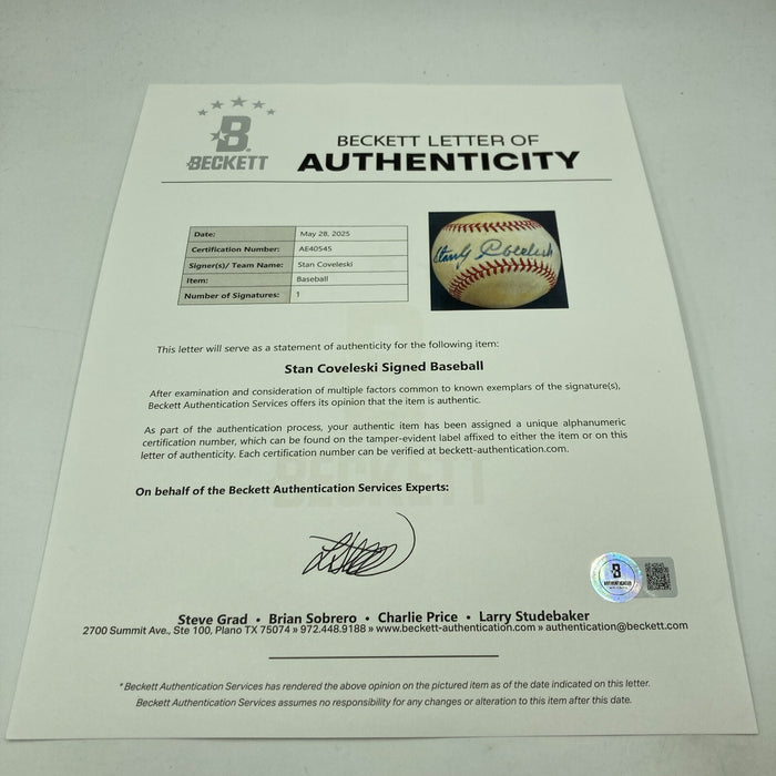 Stan Coveleski Single Signed Baseball Beckett COA