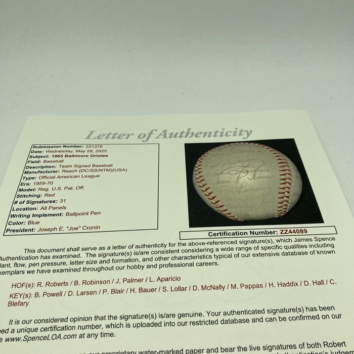 1965 Baltimore Orioles Team Signed American League Baseball 31 Sigs JSA COA