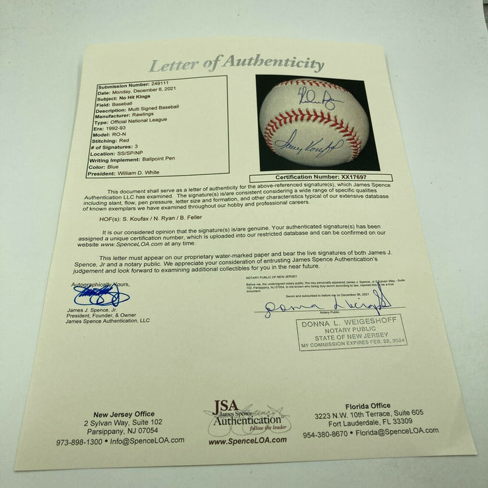 Beautiful Sandy Koufax & Nolan Ryan Signed National League Baseball JSA COA