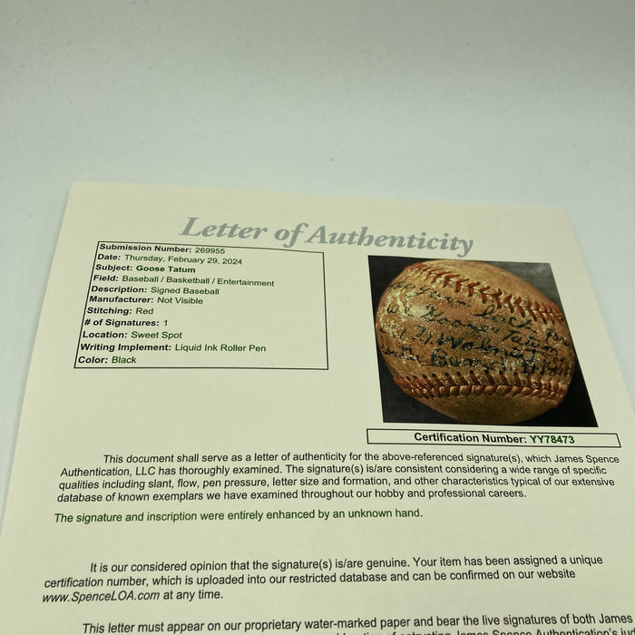 Rare Goose Tatum Single Signed Baseball Negro League Harlem Globetrotters JSA