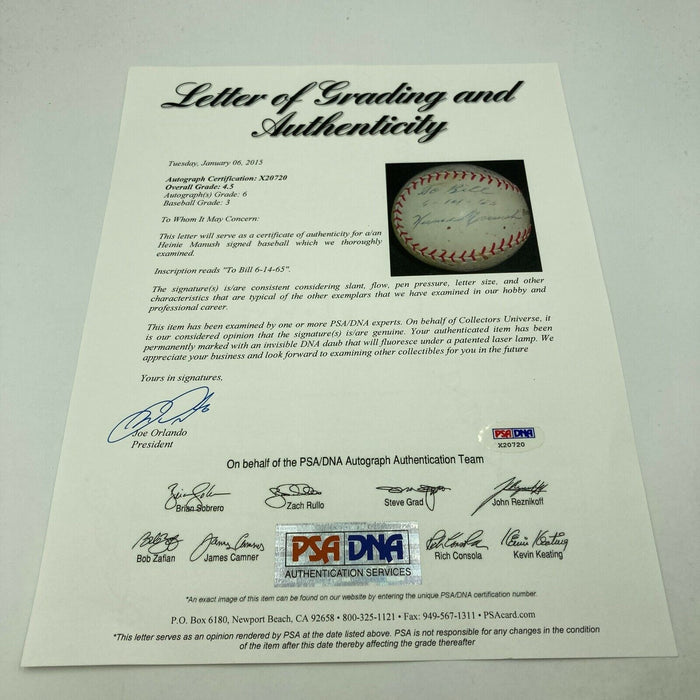 Heinie Manush Single Signed 1960's Baseball PSA DNA COA Hall Of Fame