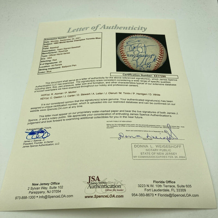 1993 Toronto Blue Jays World Series Champs Team Signed Baseball JSA COA