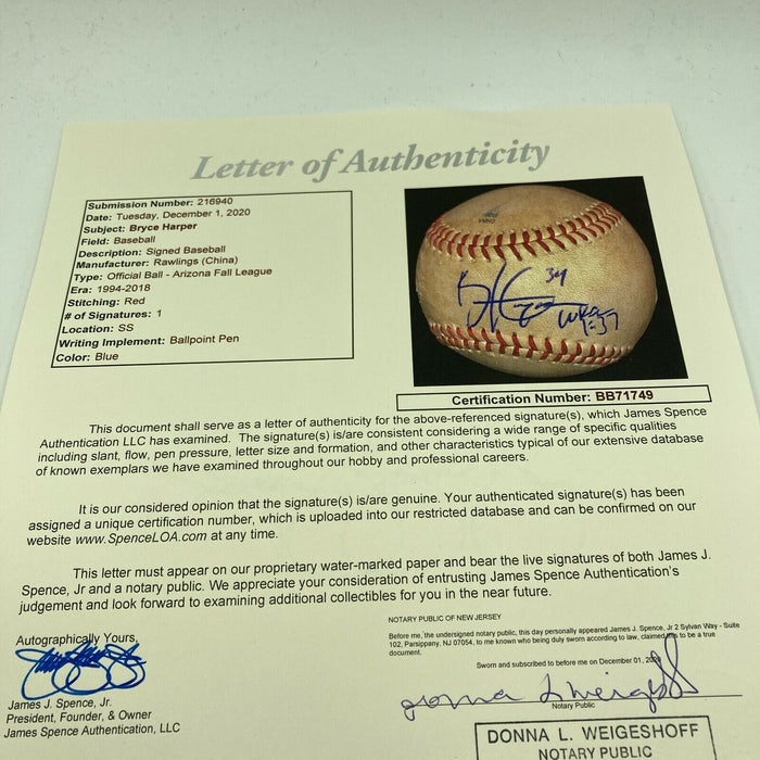 Historic Bryce Harper MLB Debut 10-20-2010 Signed Game Used Baseball JSA COA