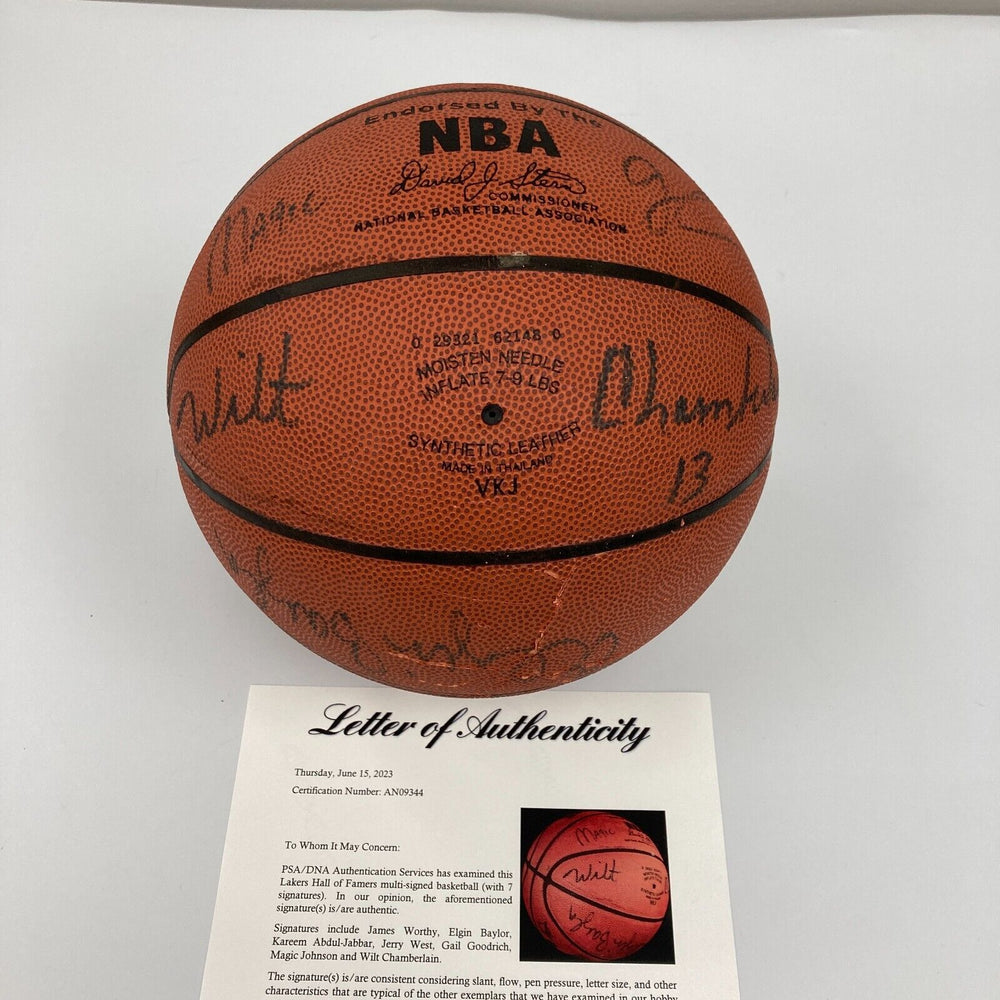 Wilt Chamberlain Abdul-Jabbar Magic Johnson Lakers Greats Signed Basketball PSA