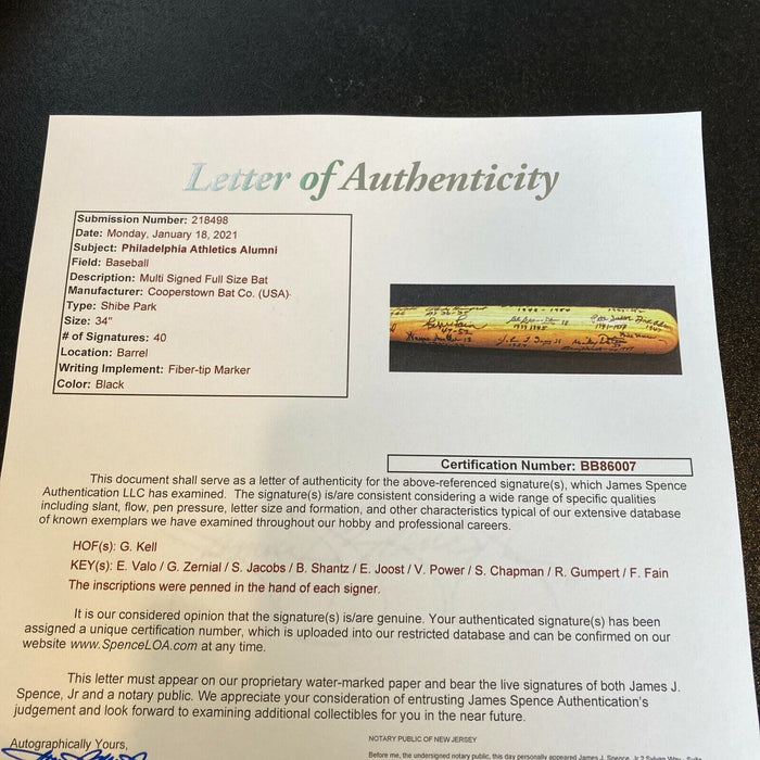 Rare Philadelphia Athletics A's Legends Bat With 40 Signatures JSA COA