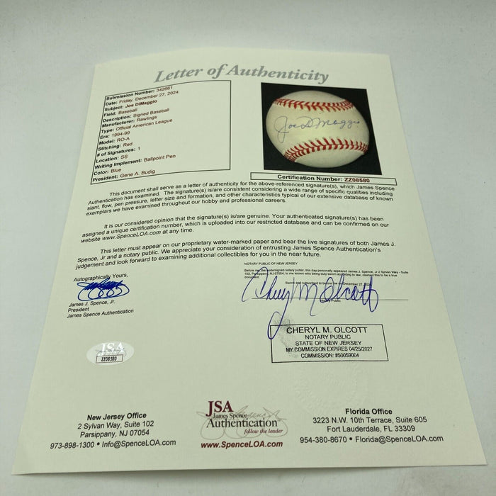 Nice Joe Dimaggio Signed Official American League Baseball JSA COA