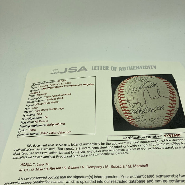 1988 Los Angeles Dodgers World Series Champs Team Signed W.S. Baseball JSA COA