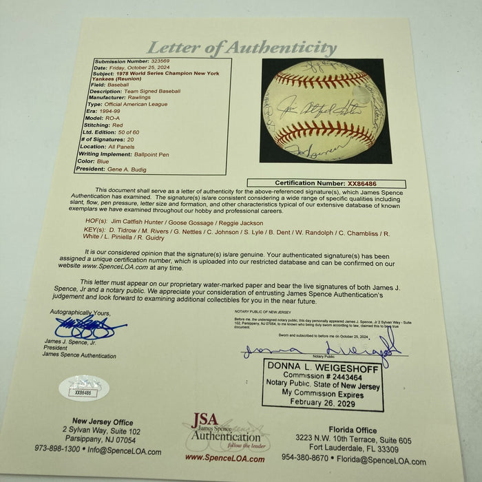 1978 Yankees World Series Champs Team Signed American League Baseball JSA COA