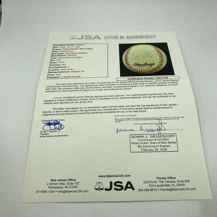 Farrah Fawcett & Ryan O'Neal Dual-Signed National League Baseball JSA COA