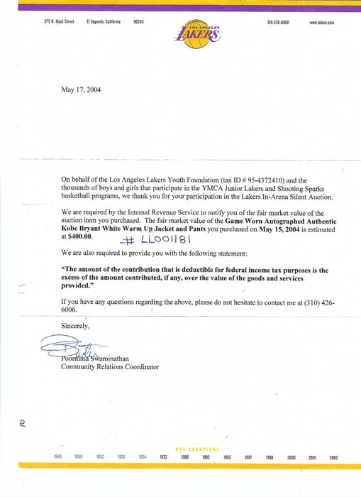 Kobe Bryant Signed Game Used 2002-03 Los Angeles Lakers Warm Up Suit PSA & JSA