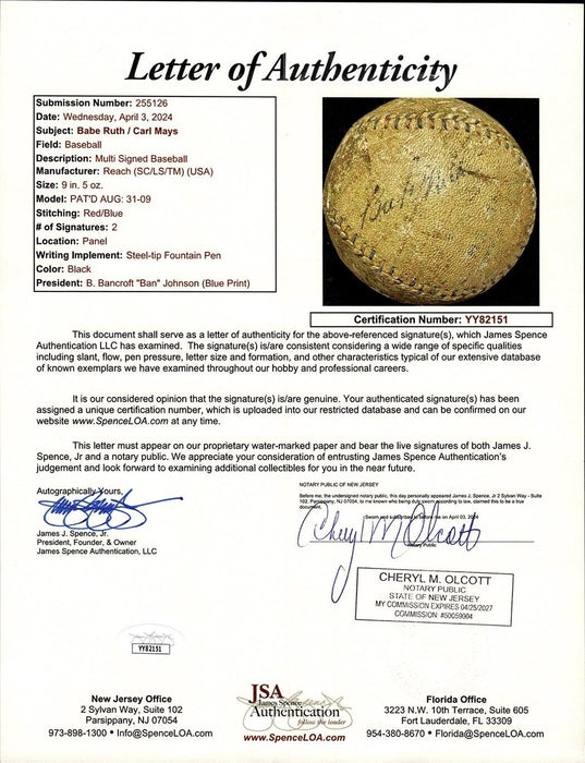Babe Ruth Signed 1920 Official American League Baseball JSA COA