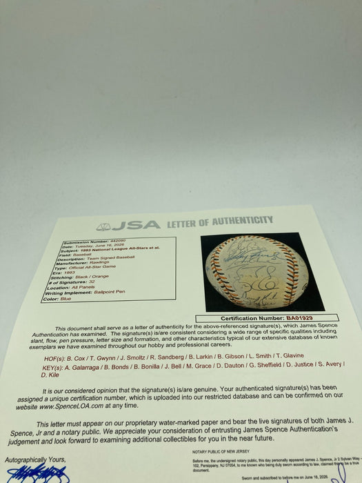 1993 All Star Game Team Signed Baseball 32 Sigs Barry Bonds Tony Gwynn JSA COA