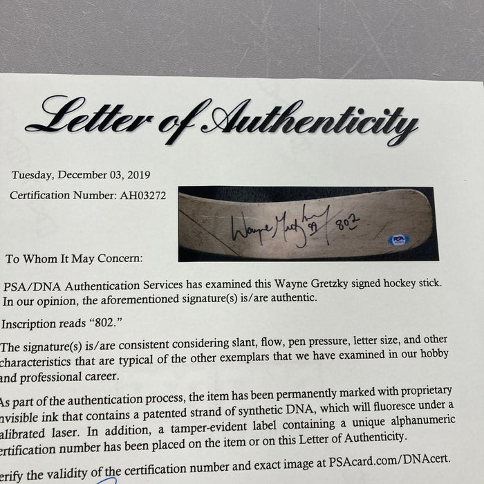 Wayne Gretzky "802 Goals" Signed 1987 Game Issued Titan Hockey Stick PSA DNA COA