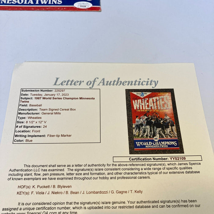 1987 Minnesota Twins World Series Champs Team Signed Wheaties Box With JSA COA