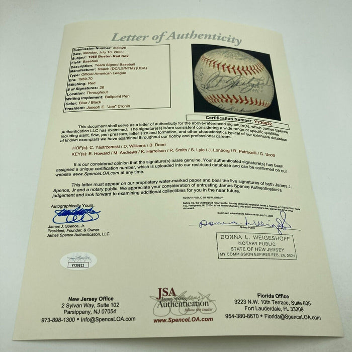 1968 Boston Red Sox Team Signed American League Baseball JSA COA