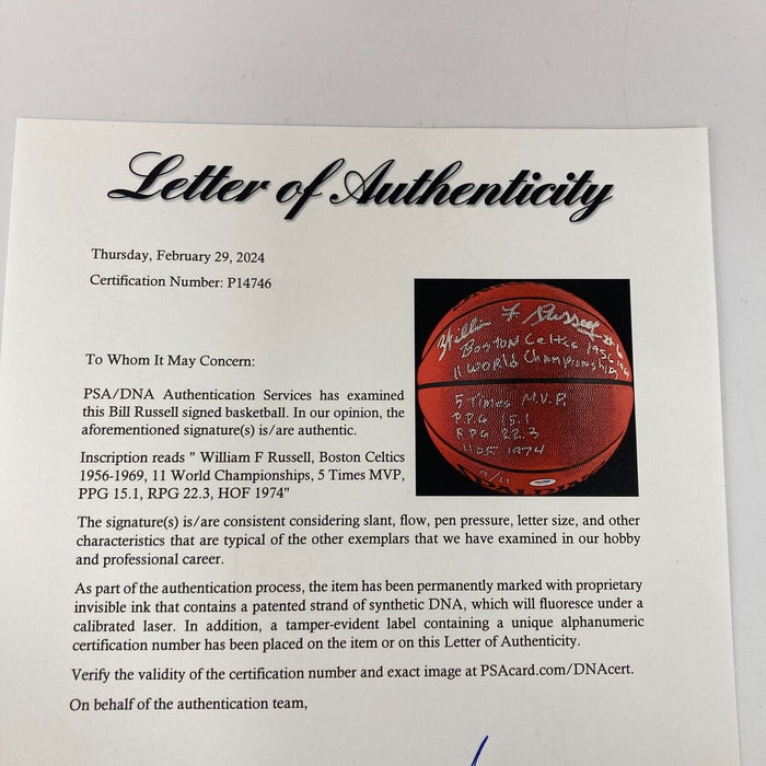 Bill Russell Full Name Signed Heavily Inscribed STAT Basketball #9/11 PSA DNA