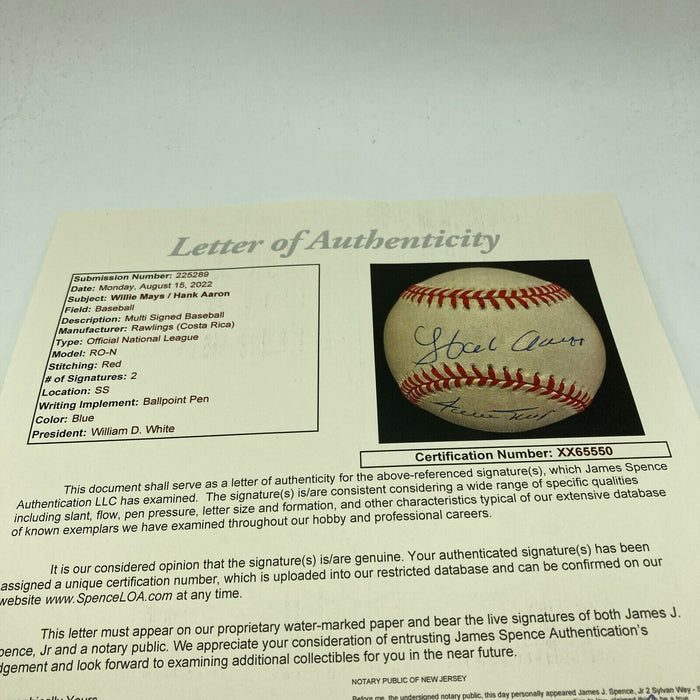 Beautiful Willie Mays & Hank Aaron Signed National League Baseball JSA COA