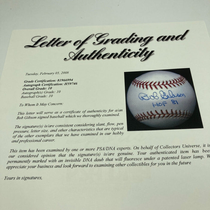 Bob Gibson HOF 1981 Signed MLB Baseball PSA DNA Graded GEM MINT 10