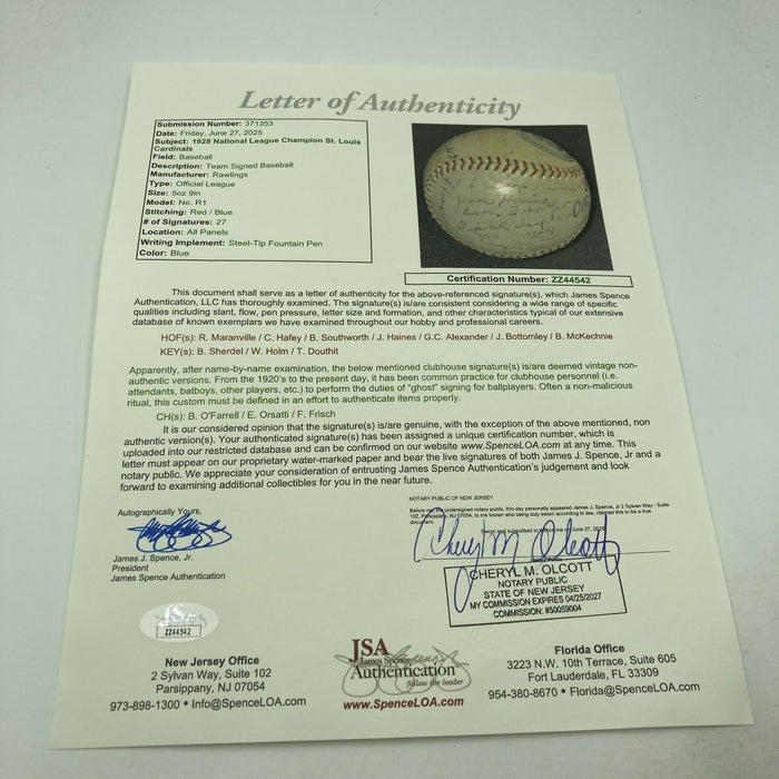 1928 St. Louis Cardinals NL Champs Team Signed Baseball Grover Alexander JSA COA