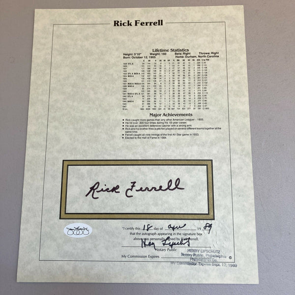 Lot Of (20) Rick Ferrell Signed Autographed Stat Sheets Baseball Hall Of Fame