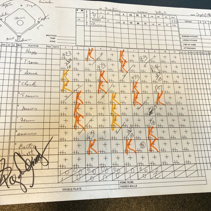 Roger Clemens 20 Strikeout Game Signed "Game Used" Broadcast Scorecard Beckett