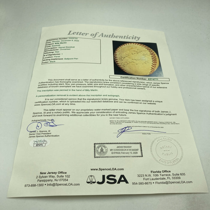 Billy Martin Signed 1979 Vintage Baseball JSA COA