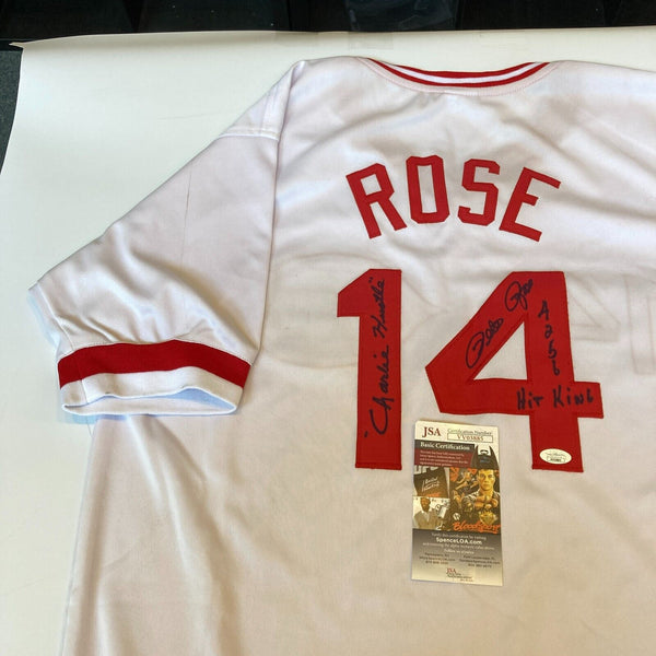 Pete Rose "Hit King Charlie Hustle 4256" Signed Cincinnati Reds Jersey JSA COA