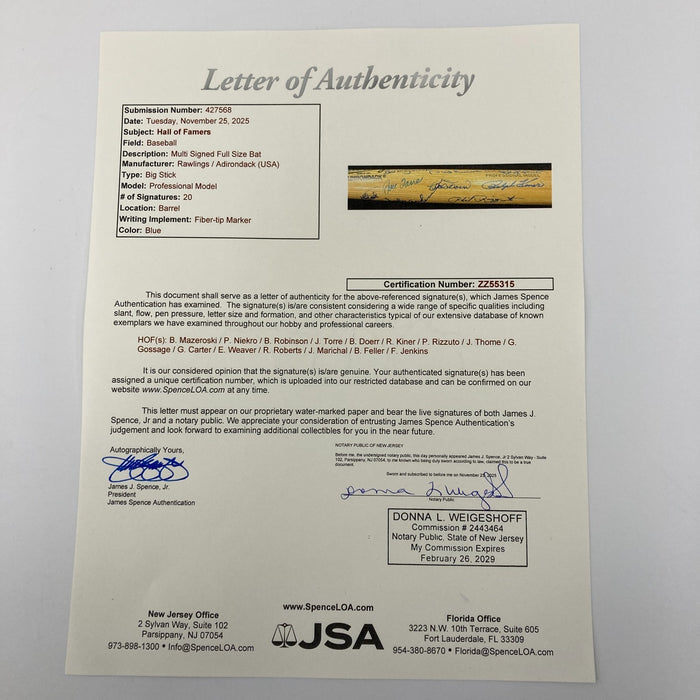 Hall Of Fame Multi Signed Baseball Bat 20 Sigs Kirby Puckett Gary Carter JSA COA