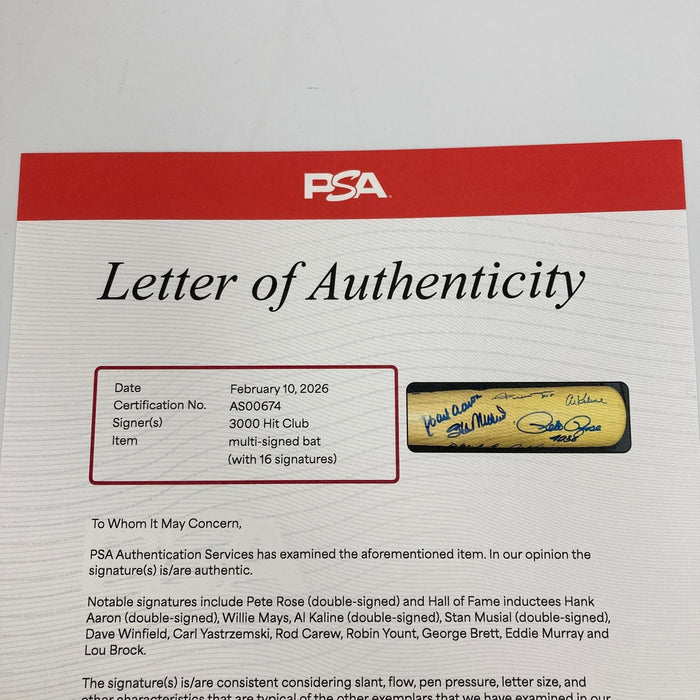 3,000 Hit Club Multi Signed Baseball Bat Willie Mays Hank Aaron 16 Sigs PSA DNA