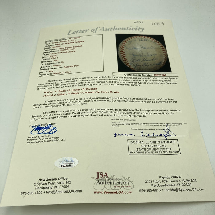 Sandy Koufax Don Drysdale 1962 Los Angeles Dodgers Team Signed Baseball JSA COA