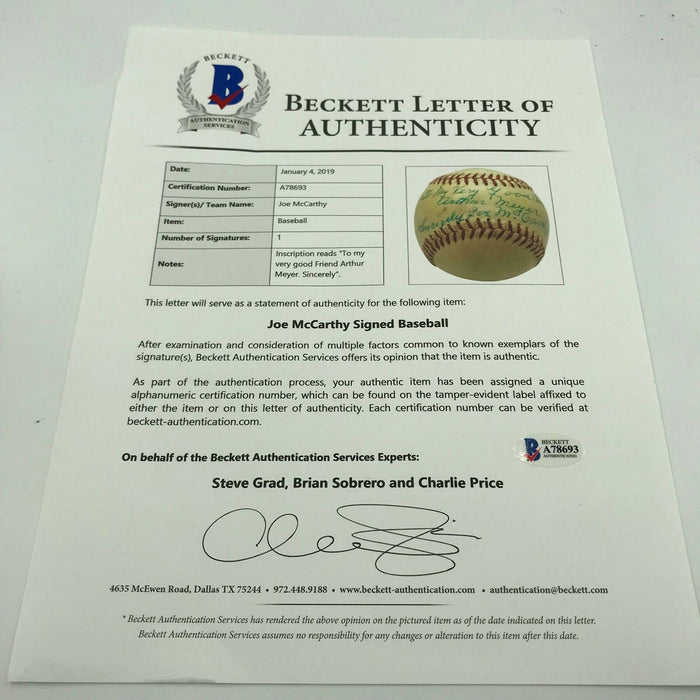 Beautiful Joe Mccarthy Single Signed National League Baseball With Beckett COA