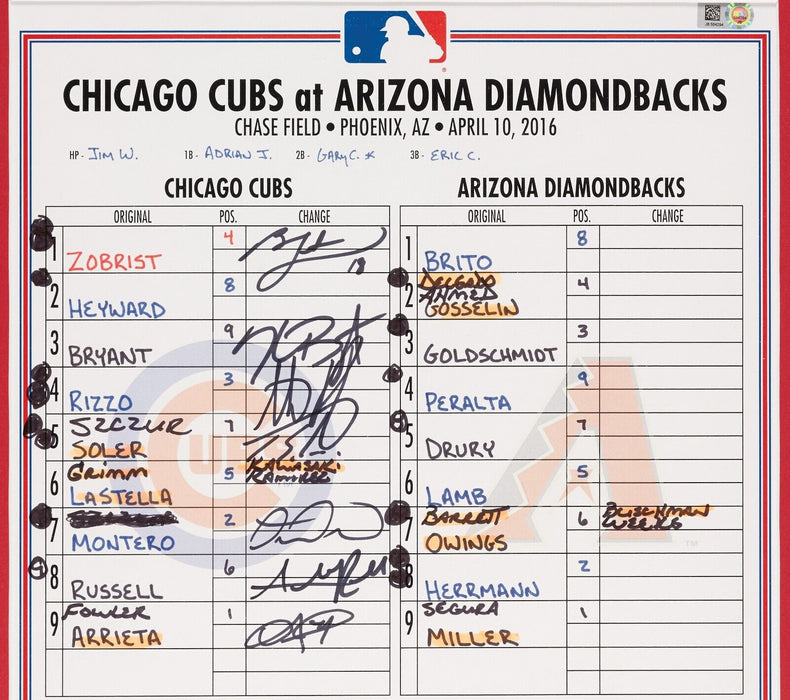 2016 Chicago Cubs World Series Champs Team-Signed Game Used Lineup Card MLB Auth