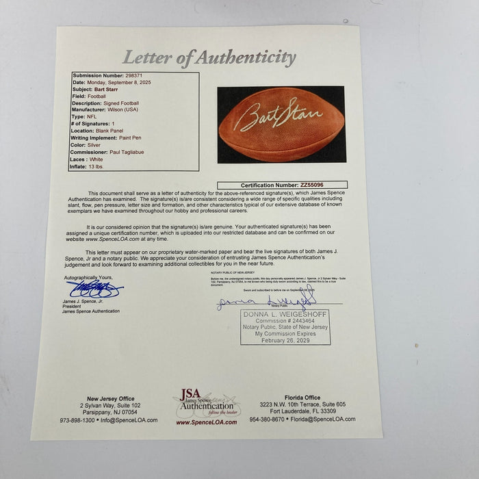 Beautiful Bart Starr Signed Official Wilson NFL Game Football JSA COA