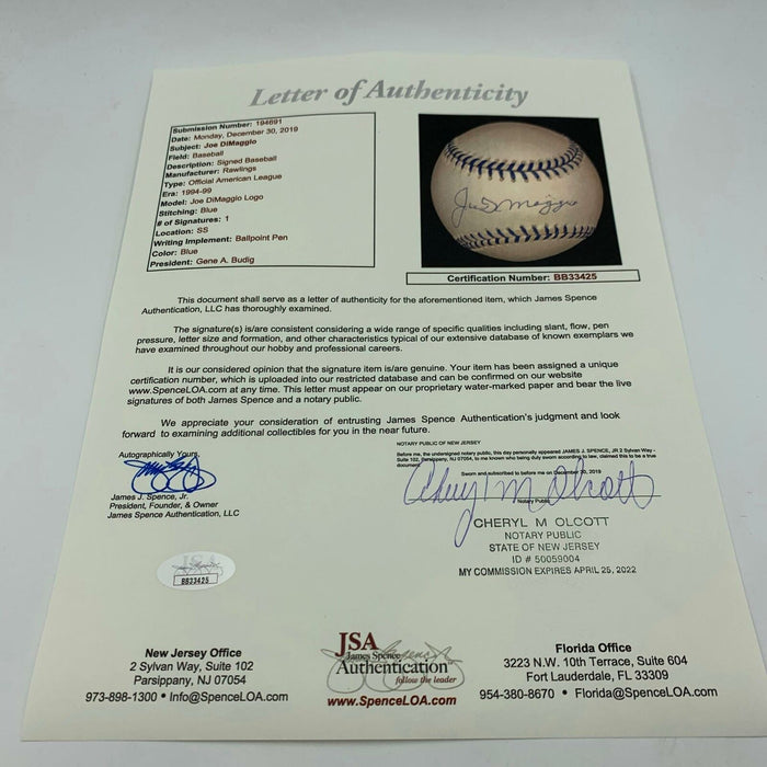 RARE Joe Dimaggio "Death Bed" Signed 1998 Joe Dimaggio Day Baseball JSA COA