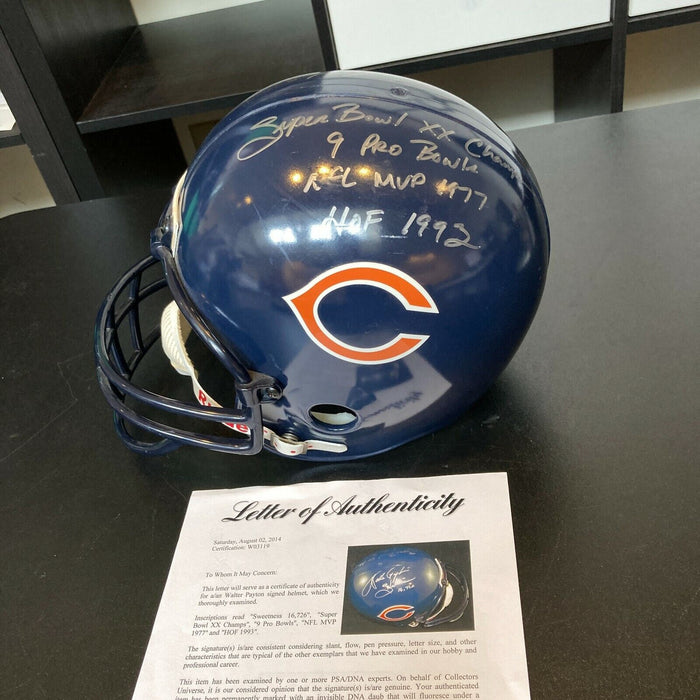 Walter Payton Signed Heavily Inscribed Chicago Bears Career STAT Helmet PSA DNA