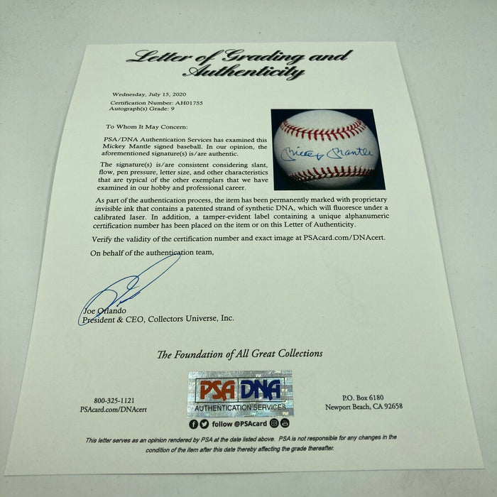 Beautiful Mickey Mantle Signed American League Baseball PSA DNA Graded MINT 9