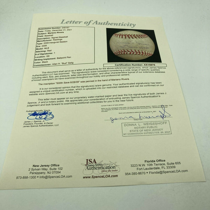 Historic Mariano Rivera 500th Save 6-28-09 Signed Game Used Baseball MEARS & JSA
