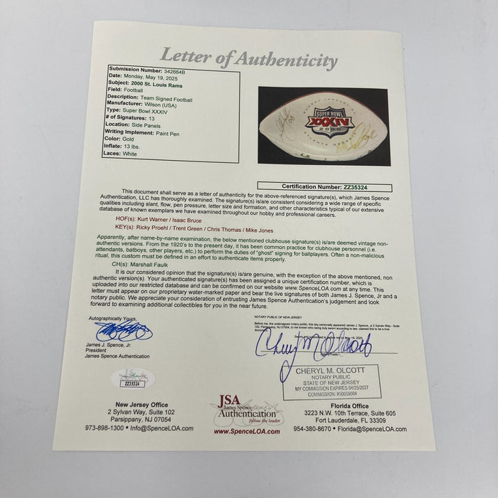 Kurt Warner Isaac Bruce St. Louis Rams Team Signed Super Bowl Football JSA COA