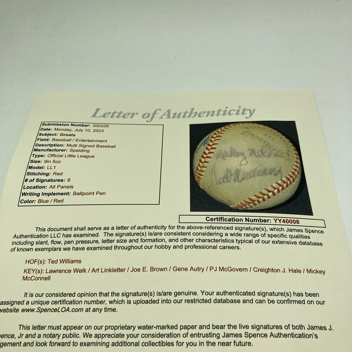 Ted Williams Gene Autry Lawrence Welk Joe E Brown 1961 Signed Baseball JSA COA