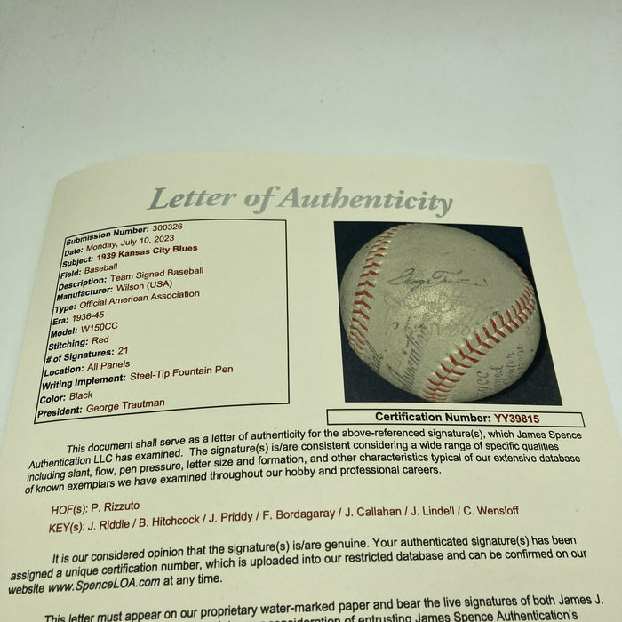 Phil Rizzuto 1940 Kansas City Blues Rookie Minor League Team Signed Baseball JSA