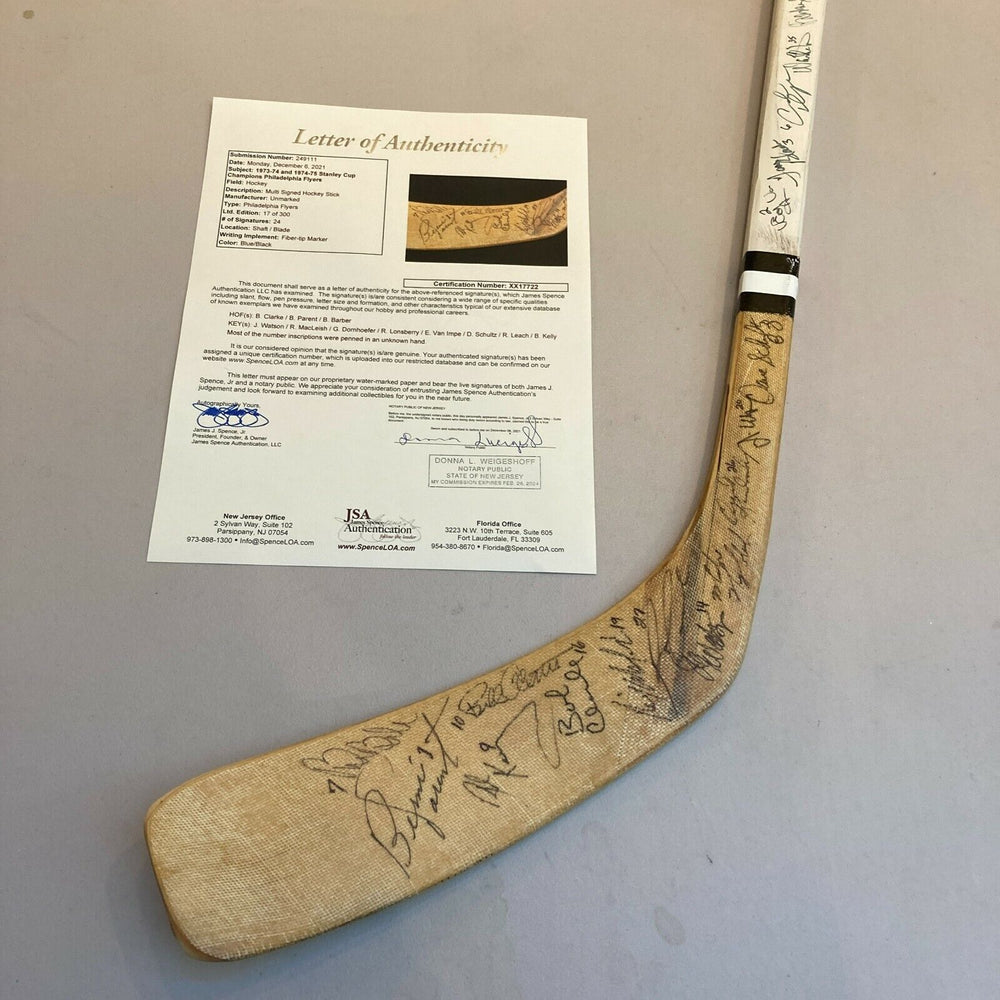 1974-75 Philadelphia Flyers Stanley Cups Champs Team Signed Hockey Stick JSA COA