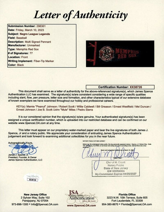 Negro League Legends Multi Signed Memphis Red Sox Pennant 77 Signatures JSA COA