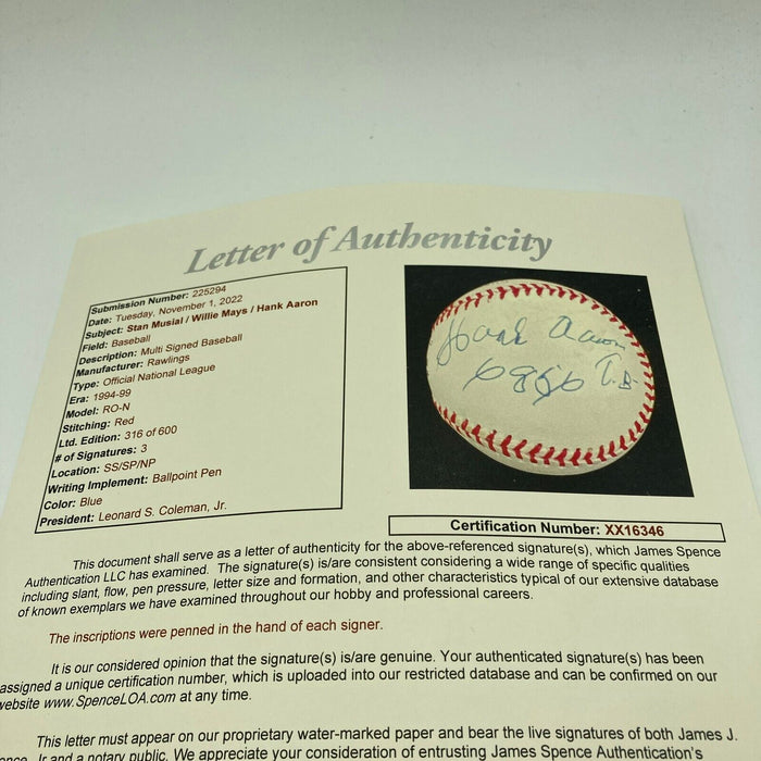 Willie Mays Hank Aaron Stan Musial Total Baseball Signed Inscribed Baseball JSA