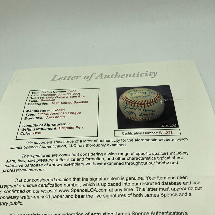 Lefty Grove & Sam Rice HOF Signed 1950's American League Baseball JSA COA